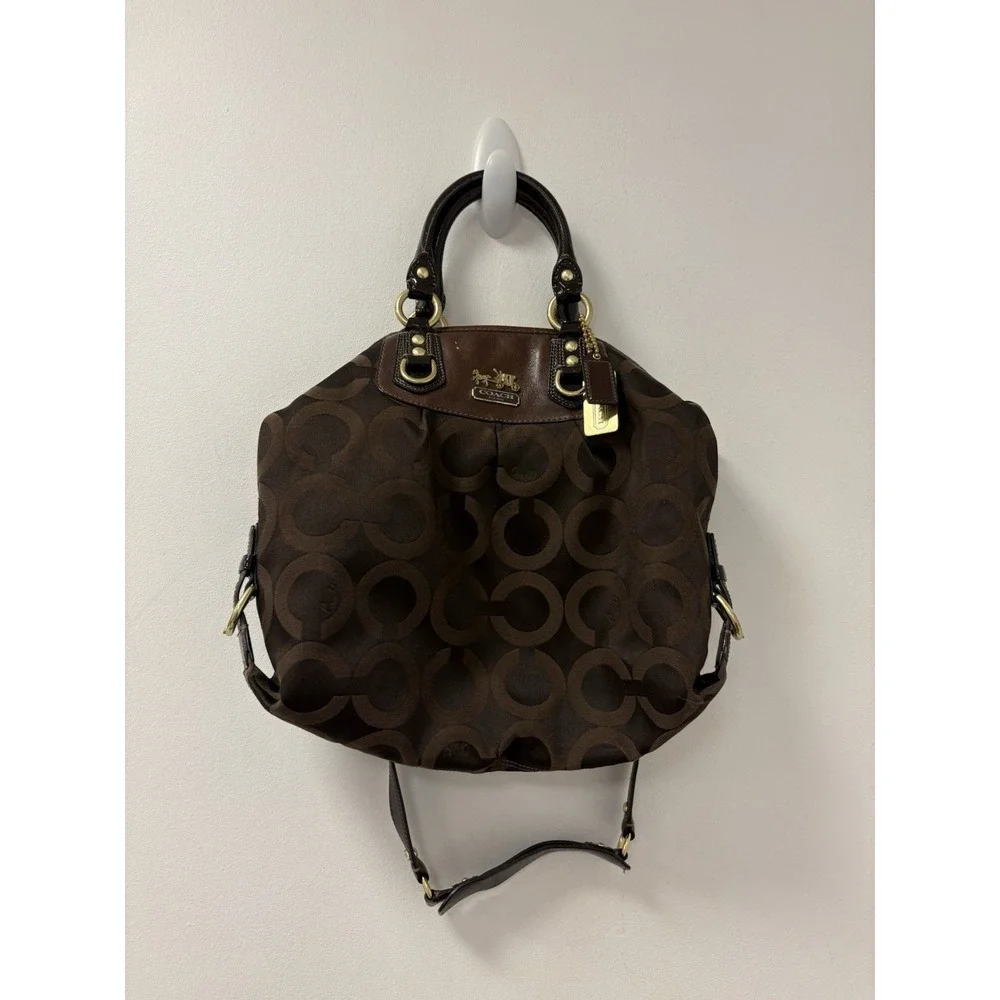 Coach Madison Sabrina Satchel Chocolate Brown Op Art Signature Shoulder Bag